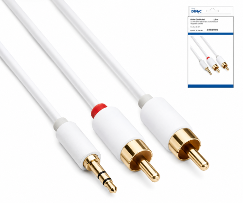 Audio Kabel 3,5mm Klinken St. auf 2x Cinch St., DINIC Monaco Range, weiß, DINIC Box mit Euroloch, Länge 2m