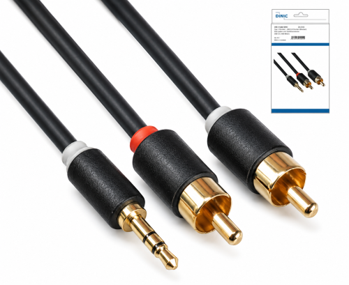 Audio Kabel 3,5mm Klinken St. auf 2x Cinch St., DINIC Monaco Range, schwarz, DINIC Box mit Euroloch, Länge 5m