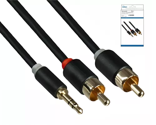 Audio cable 3.5mm jack male to 2x RCA male, DINIC Monaco Range, black, DINIC box with Euro hole, length 5m