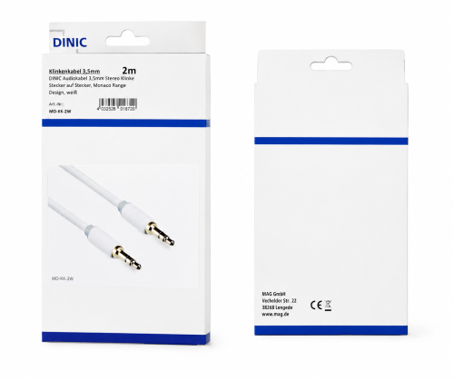 Audiokabel 3,5mm Stereo Klinke St. auf St., DINIC Monaco Range, weiß, DINIC Box mit Euroloch, Länge 2,00m