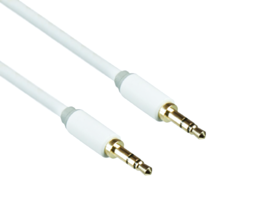 Cabo áudio jack estéreo de 3,5 mm macho para macho, DINIC Monaco Range, branco, caixa DINIC com orifício Euro, comprimento 2,00m