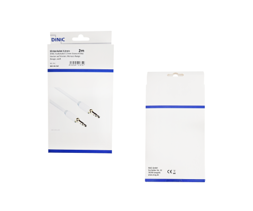 Cabo áudio jack estéreo de 3,5 mm macho para macho, DINIC Monaco Range, branco, caixa DINIC com orifício Euro, comprimento 2,00m