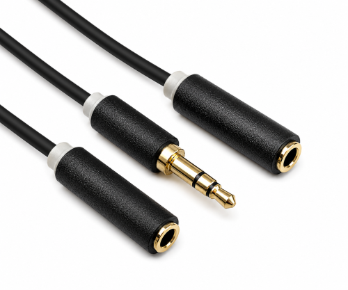 Adapter audio 3,5 mm jack do 2x jack, połączenie 2x 3,5 mm jack do jednego złącza, czarny, skrzynka DINIC z otworem Euro, długość 0,20 m
