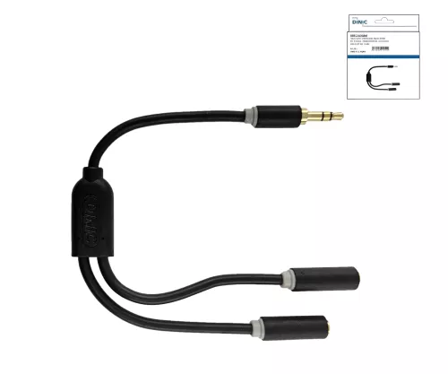 Audio adaptér 3,5 mm jack na 2x jack, pripojenie 2x 3,5 mm jack na jeden konektor, čierny, DINIC box s euro otvorom, dĺžka 0,20 m