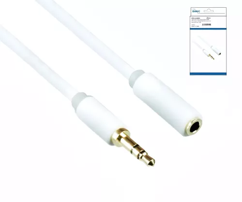 Audio extension 3.5mm jack plug to socket, DINIC Monaco Range, extension, white, DINIC box with Euro hole, length 2.00m