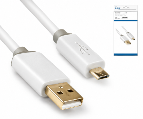 Kábel USB HQ, od konektora A po konektor micro B, pozlátený konektor, biely, krabička DINIC s eurodierovaním, 1 m