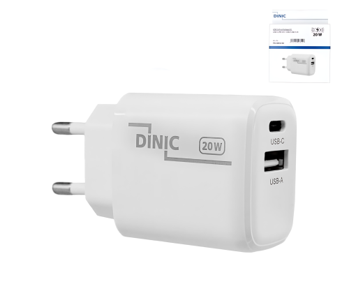 USB C+A nabíječka/napájecí zdroj 20W, PD, bílá, Power Delivery box, bílá, DINIC box s Euro otvorem