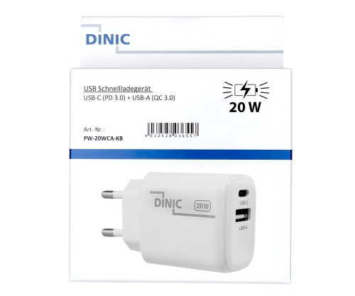USB C+A nabíječka/napájecí zdroj 20W, PD, bílá, Power Delivery box, bílá, DINIC box s Euro otvorem
