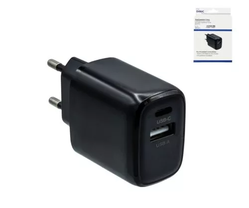 USB C+A charger/power supply 20W, PD, black, DINIC box USB C+A charger/power supply 20W, PD, black, DINIC box