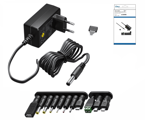 Universal-Netzteil, 3V-12V, 2,25A,max. 27 Watt inkl. 11 versch. Adapter, schwarz, DINIC Box mit Euroloch