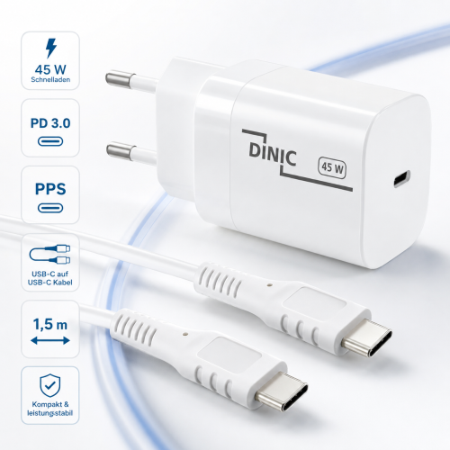 USB C зарядно устройство 45W + USB-C към C кабел, бързо зарядно устройство с PD3.0 и PPS + USB-C заряден кабел, бял, 1,5 м