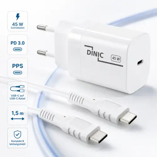 Caricabatterie USB C 45 W + cavo da USB-C a C, caricabatterie rapido con PD3.0 e PPS + cavo di ricarica USB-C, bianco, 1,5 m