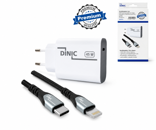 USB C Netzteil 45W + USB-C auf Lightning Kabel, Schnelllader mit PD3.0 und PPS +Lightning HQ Kabel, schwarz, DINIC Box, 2m