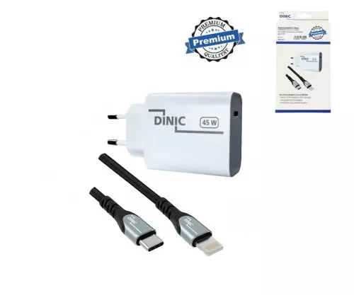 USB C Netzteil 45W + USB-C auf Lightning Kabel, Schnelllader mit PD3.0 und PPS +Lightning HQ Kabel, schwarz, DINIC Box, 2m