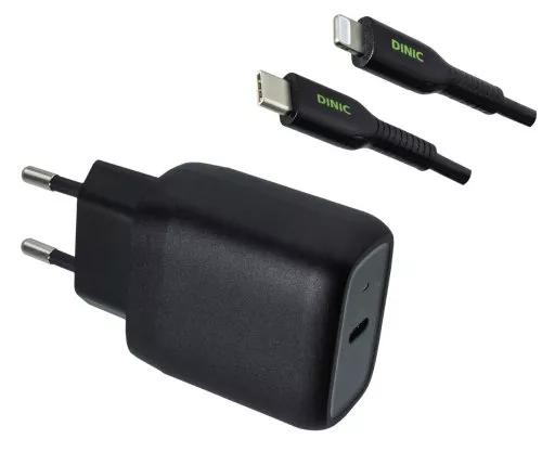 USB C Ladegerät-Set 20W, PD, schw, 1m Lightning/C 5V/3A; 9V/2,22A (PD3.0) Set, schwarz