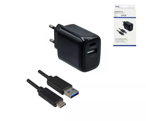 USB PD/QC 3.0 charging adapter incl. A to C cable 20W, 3.6V~5.9V/3A; 6~9V/2A; 9V~12V/1.5A, black, DINIC box with Euro hole, 1m