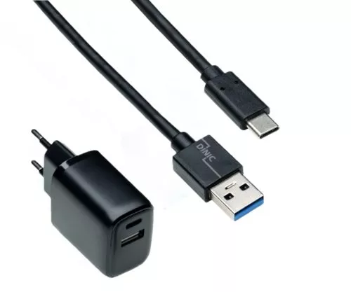 USB PD/QC 3.0 charging adapter incl. A to C cable 20W, 3.6V~5.9V/3A; 6~9V/2A; 9V~12V/1.5A, black, DINIC box with Euro hole, 1m
