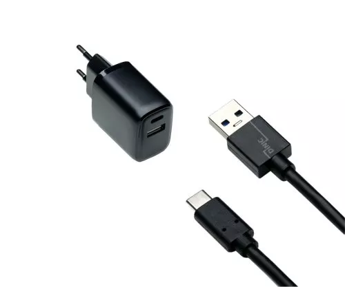 USB PD/QC 3.0 charging adapter incl. A to C cable 20W, 3.6V~5.9V/3A; 6~9V/2A; 9V~12V/1.5A, black, DINIC box with Euro hole, 1m