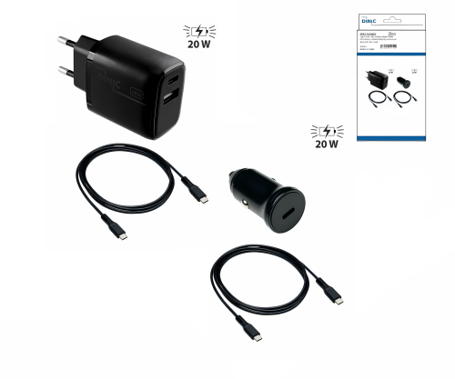 Laadimispakett koos 2 laadija ja 2 USB C laadimiskaabliga, 1x autolaadija 20W, 1x võrgulaadija 20W, must