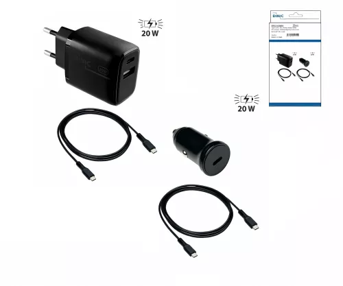 Laadbundel met 2 laders en 2 USB C-laadkabels, 1x autolader 20w, 1x netstroomlader 20w, zwart