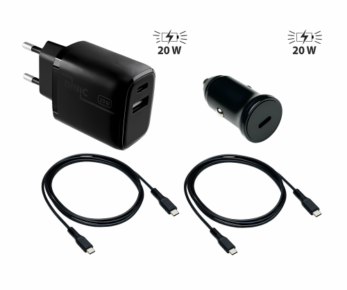 Laadimispakett koos 2 laadija ja 2 USB C laadimiskaabliga, 1x autolaadija 20W, 1x võrgulaadija 20W, must