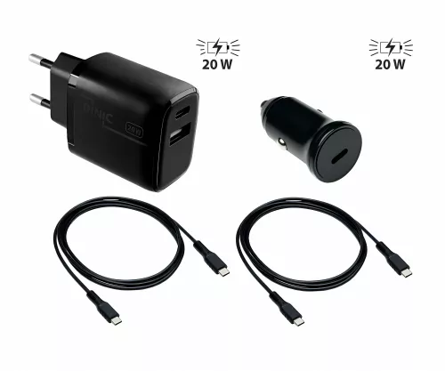 Laadbundel met 2 laders en 2 USB C-laadkabels, 1x autolader 20w, 1x netstroomlader 20w, zwart