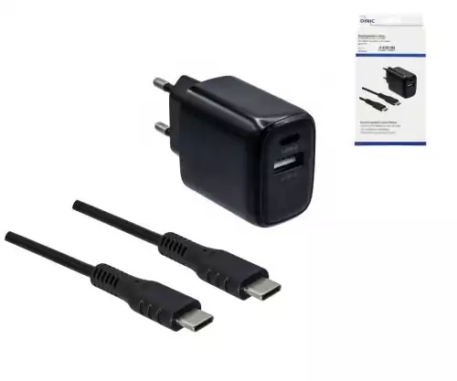 DINIC 20W 2portová rychlá nabíječka (USB-C PD + USB-A QC) včetně kabelu USB-C na USB-C 1,5 m – černá
