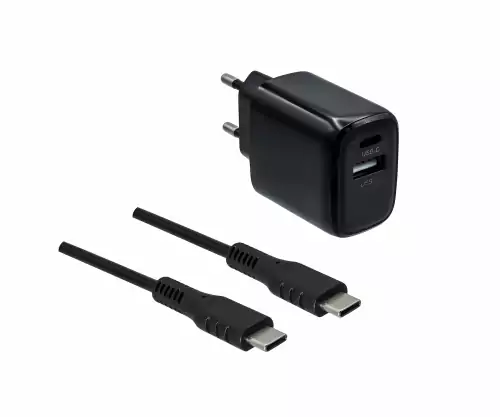 DINIC 20W 2portová rychlá nabíječka (USB-C PD + USB-A QC) včetně kabelu USB-C na USB-C 1,5 m – černá