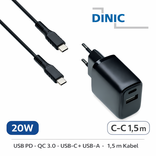 DINIC 20W 2portová rychlá nabíječka (USB-C PD + USB-A QC) včetně kabelu USB-C na USB-C 1,5 m – černá