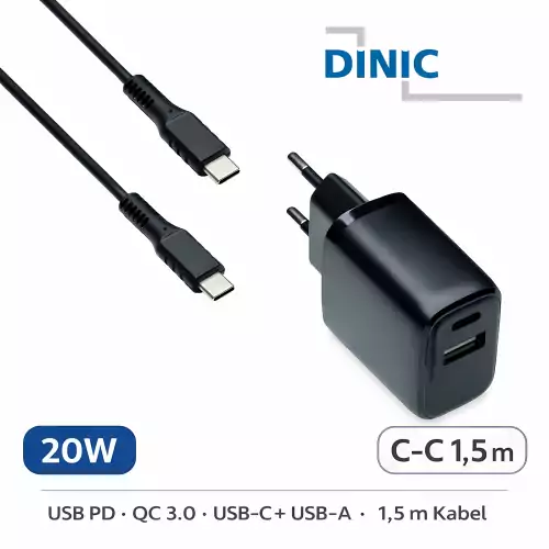 DINIC 20W 2portová rychlá nabíječka (USB-C PD + USB-A QC) včetně kabelu USB-C na USB-C 1,5 m – černá