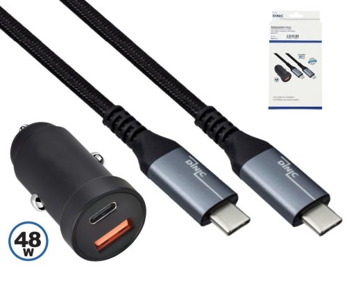 USB KFZ 48W C+A Schnelllader inkl. USB-C, USB KFZ Lader + HQ USB 3.2 C - C Kabel, schwarz, DINIC Box mit Euroloch, 1m Kabel