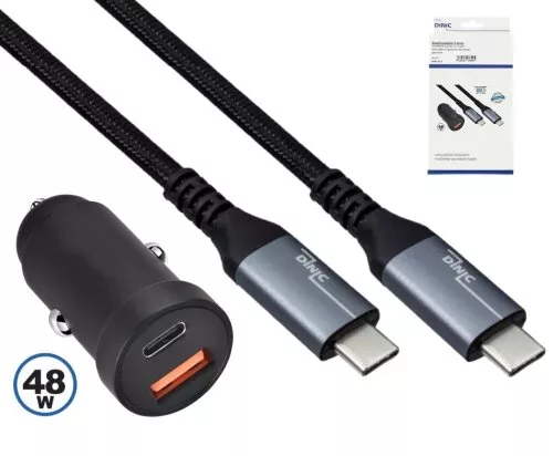 Carregador rápido USB para automóvel 48W C+A incl. cabo USB-C, carregador USB para automóvel de 1 m + cabo HQ USB 3.2 C - C, caixa DINIC