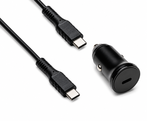 USB KFZ 20W C Schnellladegerät inkl. C Kabel, USB KFZ Lader, C auf C Ladekabel, schwarz, DINIC Box mit Euroloch, 1,50m