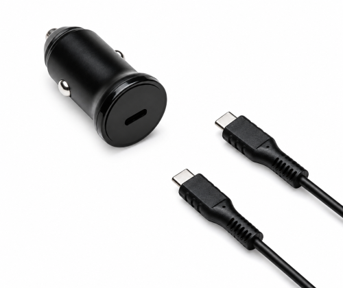 USB KFZ 20W C Schnellladegerät inkl. C Kabel, USB KFZ Lader, C auf C Ladekabel, schwarz, DINIC Box mit Euroloch, 1,50m