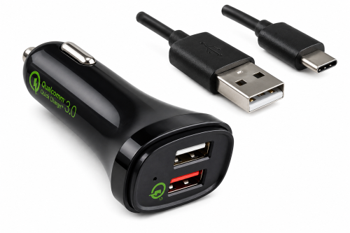 USB KFZ QC3 Ladeadapter + USB C auf A Kabel, Ausg. 1: 5V 2,4A; Ausg. 2: 5V/3A, 9V/2A, 12V/1,5A, schwarz, DINIC Blister mit Euroloch, 1,00m