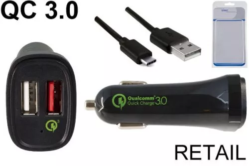 USB KFZ QC3 Ladeadapter + USB C auf A Kabel, Ausg. 1: 5V 2,4A; Ausg. 2: 5V/3A, 9V/2A, 12V/1,5A, schwarz, DINIC Blister mit Euroloch, 1,00m