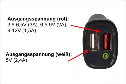 USB KFZ Q3 Charger, Ladeadapter+microUSB Kabel, 1m Ausg. 1: 5V 2,4A; Ausg. 2: 5V/3A, 9V/2A, 12V/1,5A