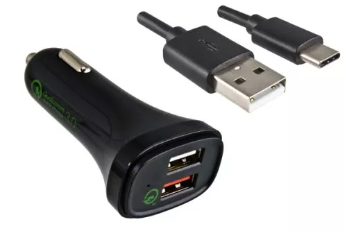 USB KFZ QC3 Ladeadapter + USB C auf A Kabel, 1,00m, Ausg. 1: 5V 2,4A; Ausg. 2: 5V/3A, 9V/2A, 12V/1,5A