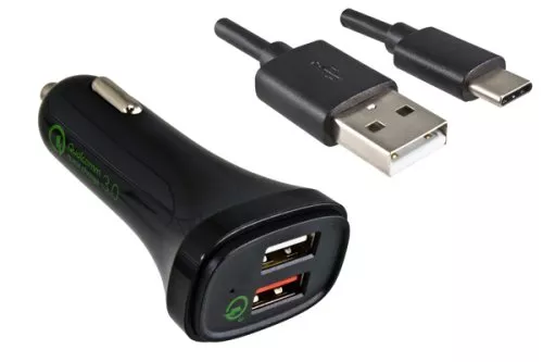 USB KFZ QC3 Ladeadapter + USB C auf A Kabel, Ausg. 1: 5V 2,4A; Ausg. 2: 5V/3A, 9V/2A, 12V/1,5A, schwarz, DINIC Blister mit Euroloch, 1,00m