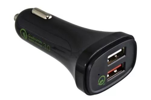 USB KFZ Q3 Charger, Ladeadapter+microUSB Kabel, Ausg. 1: 5V 2,4A; Ausg. 2: 5V/3A, 9V/2A, 12V/1,5A, schwarz, DINIC Box mit Euroloch, 1m