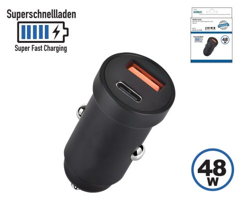 USB-auto 48 W C kiirlaadija, 30 W USB-C (PD 3.0/PPS) + 18 W USB-A (QC 3.0), must, DINIC-karbis, euroauguga