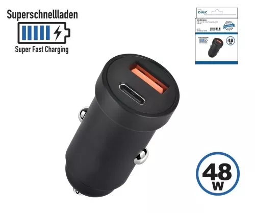 USB car 48W C fast charger, 30 W USB-C (PD 3.0/PPS) + 18 W USB-A (QC 3.0), black, DINIC box with Euro hole