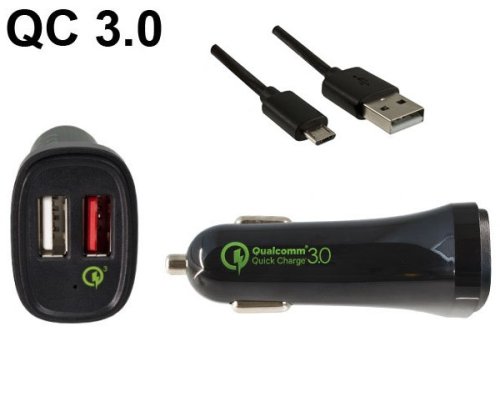 USB KFZ Q3 Charger, Ladeadapter+microUSB Kabel, Ausg. 1: 5V 2,4A; Ausg. 2: 5V/3A, 9V/2A, 12V/1,5A, schwarz, DINIC Box mit Euroloch, 1m