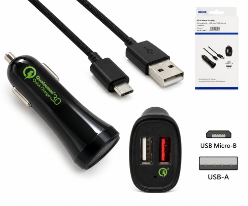 USB KFZ Q3 Charger, Ladeadapter+microUSB Kabel, Ausg. 1: 5V 2,4A; Ausg. 2: 5V/3A, 9V/2A, 12V/1,5A, schwarz, DINIC Box mit Euroloch, 1m
