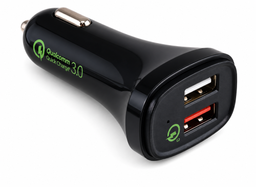 USB KFZ Q3 Charger, Ladeadapter+microUSB Kabel, Ausg. 1: 5V 2,4A; Ausg. 2: 5V/3A, 9V/2A, 12V/1,5A, schwarz, DINIC Box mit Euroloch, 1m