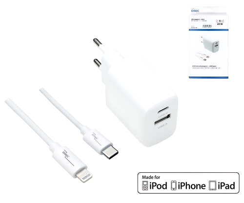 USB C+A lataussarja 20W, PD, Lightning/C 20W, 3.6V~5.9V/3A; 6~9V/2A; 9V~12V/1.5A, valkoinen, DINIC-kotelo, jossa on euroreikä, 1m