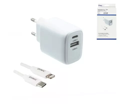 USB C+A Lade-Set 20W, PD, Lightning/C 20W, 3,6V~5,9V/3A; 6~9V/2A; 9V~12V/1,5A, weiß, DINIC Box mit Euroloch, 1m