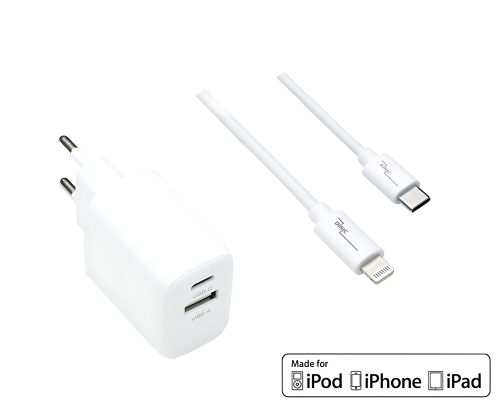 USB C+A laadimiskomplekt 20W, PD, Lightning/C 20W, 3.6V~5.9V/3A; 6~9V/2A; 9V~12V/1.5A, valge, DINIC-karp koos Euro-auguga, 1m