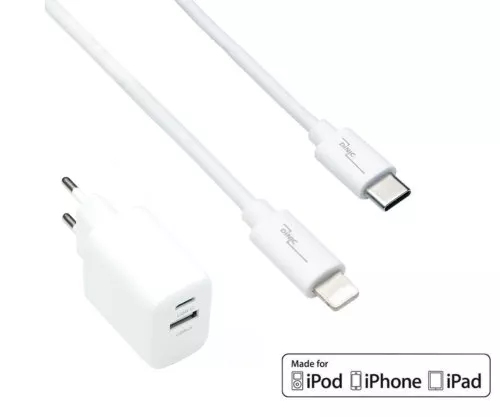 USB C+A Lade-Set 20W, PD, Lightning/C 20W, 3,6V~5,9V/3A; 6~9V/2A; 9V~12V/1,5A, weiß, DINIC Box mit Euroloch, 1m