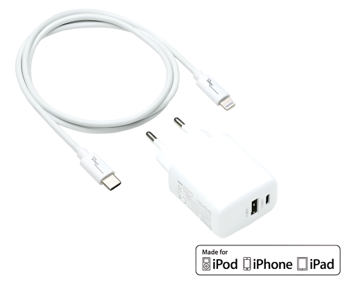USB C+A laadimiskomplekt 20W, PD, Lightning/C 20W, 3.6V~5.9V/3A; 6~9V/2A; 9V~12V/1.5A, valge, DINIC-karp koos Euro-auguga, 1m